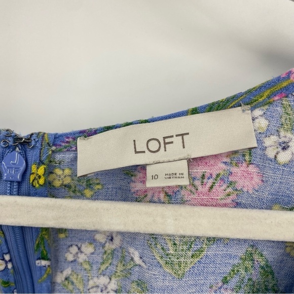Loft Women’s Floral Puff Sleeve Blue Floral Linen-Blend Dress Size 10 Easter - Picture 2 of 9